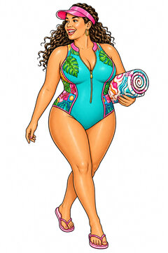 Laughing woman walks with a rolled beach towel in hand, wearing a turquoise tropical swimsuit and visor, conveying energetic holiday fun in a colorful illustrated style.