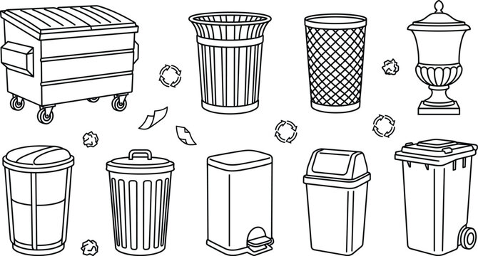 Trash can vector line art set with dumpster waste bins recycling containers garbage urn and rubbish basket icons