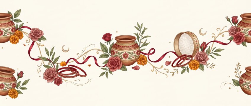 Seamless horizontal border featuring traditional clay pots, red roses, orange marigold flowers, and gold bangles connected by flowing dark red ribbons on a cream background
