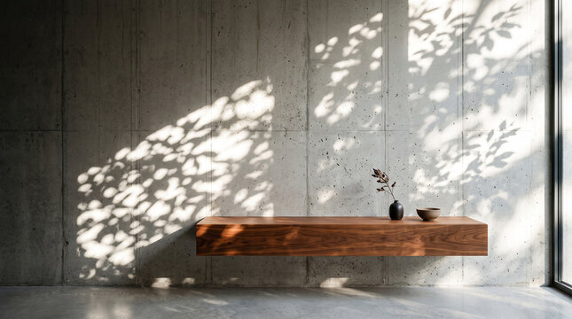 Minimalist floating wooden shelf mounted on a raw concrete wall with dappled sunlight and leaf shadows, creating a serene and modern interior design aesthetic