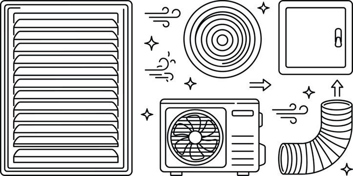 Ventilation and HVAC vector icon set featuring air conditioner unit louvers duct hose diffuser and ventilation access door