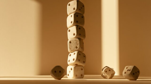 Close-up view of natural wood dice stacked vertically balanced on smooth surface with warm light and shadows creating minimalist composition in neutral tones