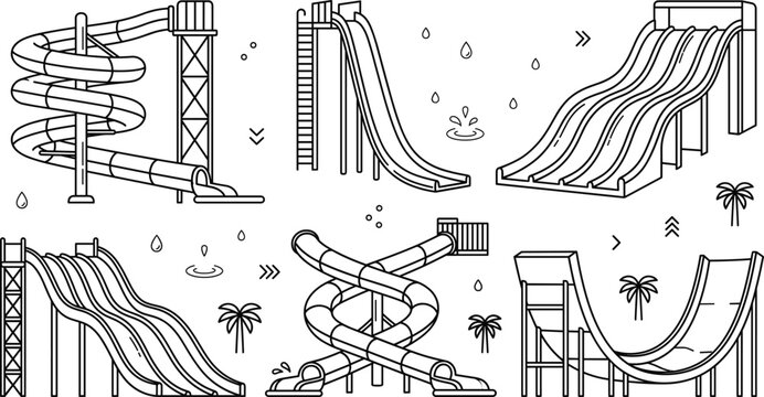 Water park slide vector line art set with spiral chutes multi lane racers pipes and palm tree icons