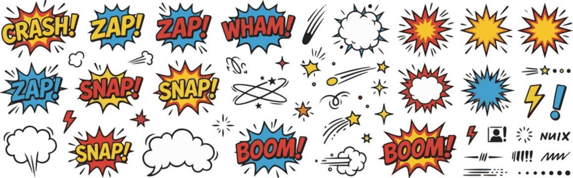 Comic cartoon line splash set. Hand drawn comic line splash effect with cartoon pop icon boom wow. Explosive speech bubble burst action motion explosion emphasis elements. Vector illustration 