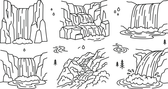 Waterfall vector line art set featuring scenic mountain cascades rivers rocks streams and nature landscape element icons collection