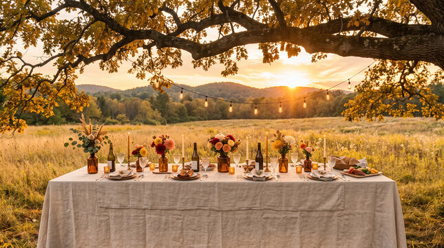 Elegant outdoor dining table set for a festive autumn dinner in a golden meadow at sunset under a large oak tree with string lights and floral centerpieces