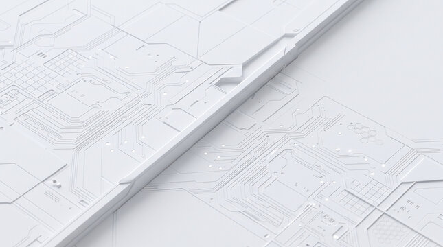 Abstract futuristic white background with digital circuit board patterns and technological relief elements, hightech concept design