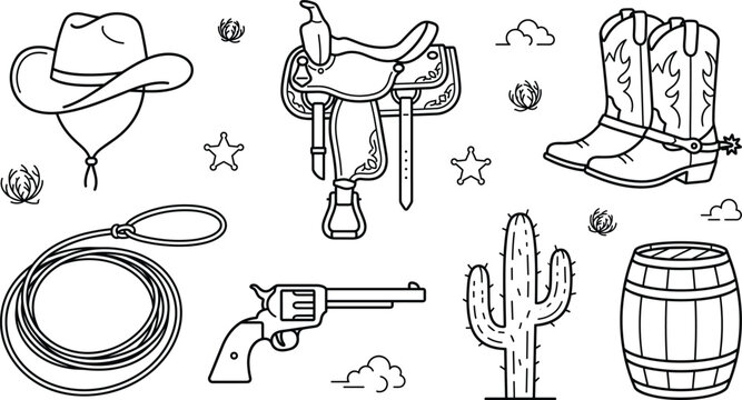 Wild West cowboy vector line art set with hat saddle boots lasso revolver cactus and desert element icons