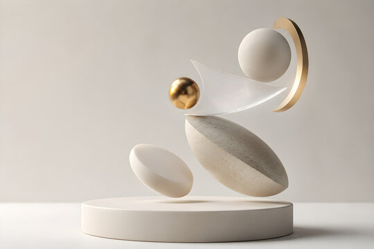 Abstract arrangement of spheres ovoids and a golden orb creates a balanced minimalist composition geometric sculpture balance form shapes neutral
