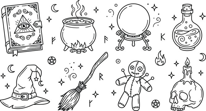 Witchcraft vector line art set with magic spellbook cauldron crystal ball voodoo doll skull candle and witch elements