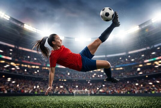 Female Soccer Player Kicking Ball in Professional Stadium