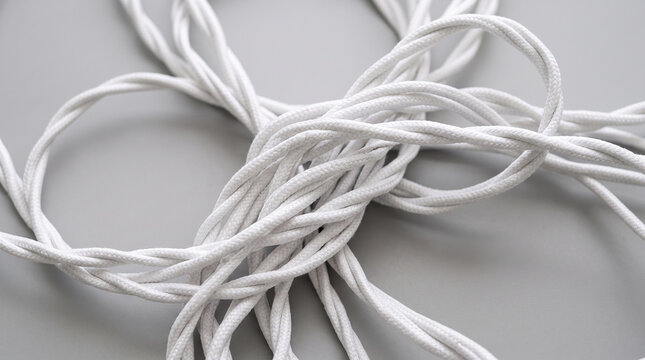 Closeup of a white braided fabric electrical cord tangled against a neutral grey background, showing the texture and weave of the vintage style wire