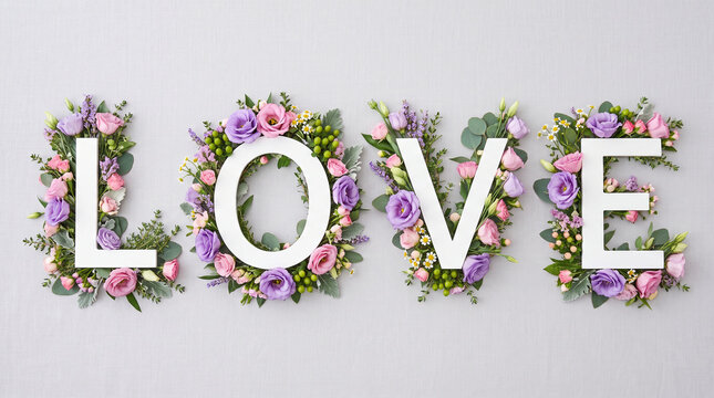 The word love spelled out with white wooden letters decorated with beautiful purple and pink flowers, greenery, and small white daisies on a light grey background