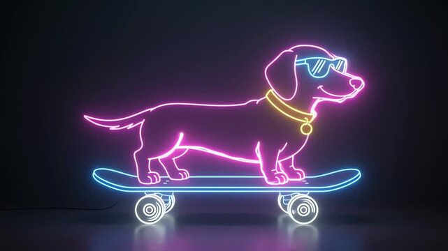 Neon dachshund dog riding a glowing skateboard in dark space