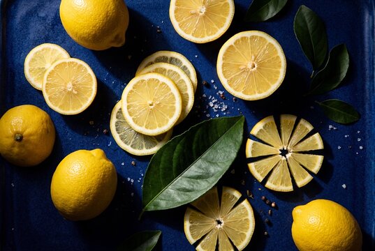Fresh Whole and Sliced Lemons with Green Leaves on a Vivid Indigo Blue Background