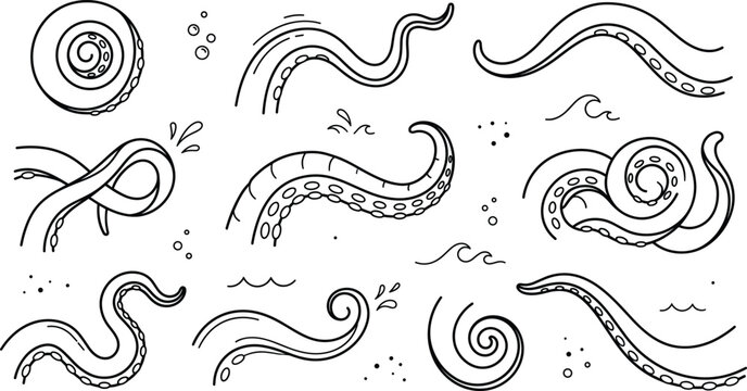 Octopus tentacles vector line art collection featuring curly sea monster arms with suckers underwater waves and bubbles
