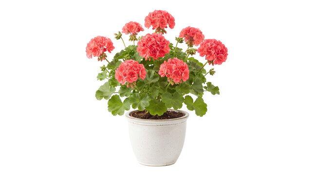 Blooming pink geranium plant in white ceramic pot, vibrant floral houseplant on white background, decorative garden flower