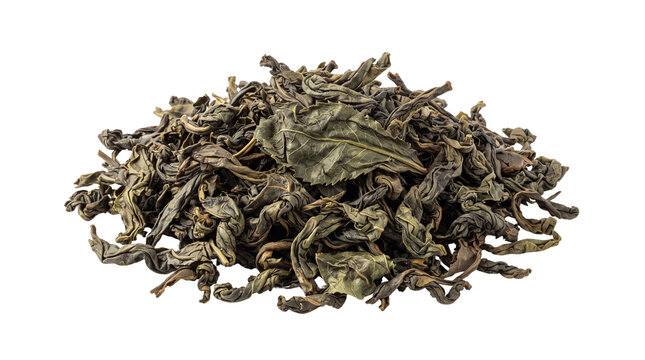 Dried green tea leaves, pile of organic loose leaf tea, premium herbal tea ingredients on white background