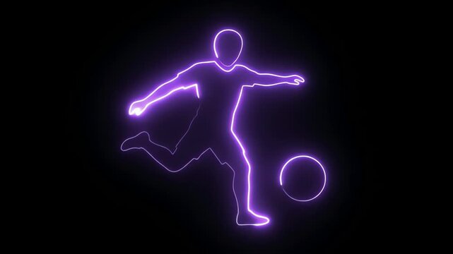 Purple neon human silhouette dancing with glowing arms in dark space