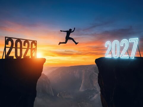 Silhouette of a person jumping across a canyon from 2026 to 2027 at sunset