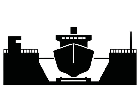 Minimalist black vector illustration showing a large cargo ship positioned inside a dry dock for maintenance and hull repair work