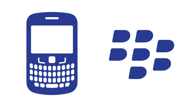 Blue silhouette of a vintage mobile phone with a qwerty keyboard next to a blackberry fruit isolated on a white background