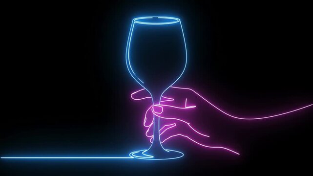 Blue neon wireframe wine glass on dark background