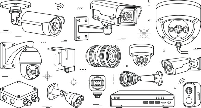 Security camera vector illustration collection featuring cctv dome bullet smart home surveillance devices and nvr system line icons