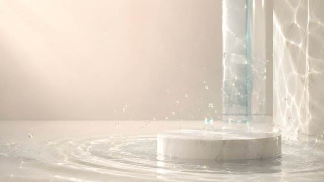 Premium luxury soap advertising background featuring a minimalist stone pedestal surrounded by crystal-clear water, translucent glass architecture, delicate water splashes and soft natural light, crea
