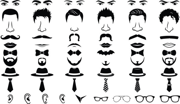 Gentleman character creation kit with various hairstyles mustaches beards eyes noses eyebrows ties glasses hats and bowties