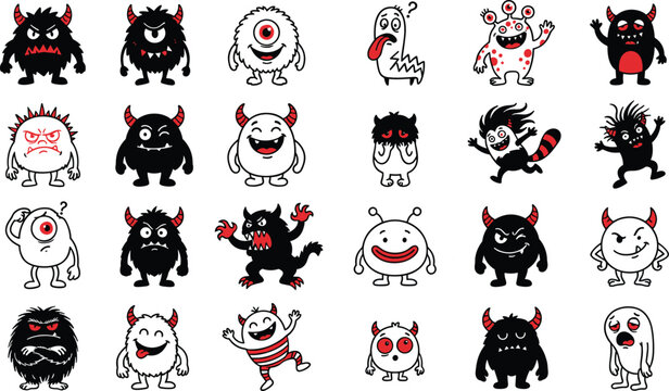 Cute little monster characters doodle set with funny aliens beasts creatures horns and expressions in red black white