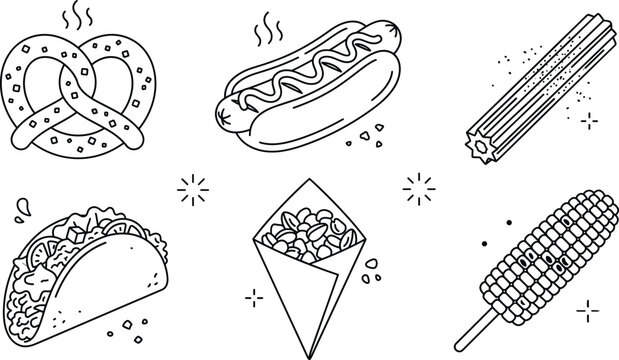 Street food vector line art icons set with hotdog taco churro pretzel roasted nuts and corn on stick.
