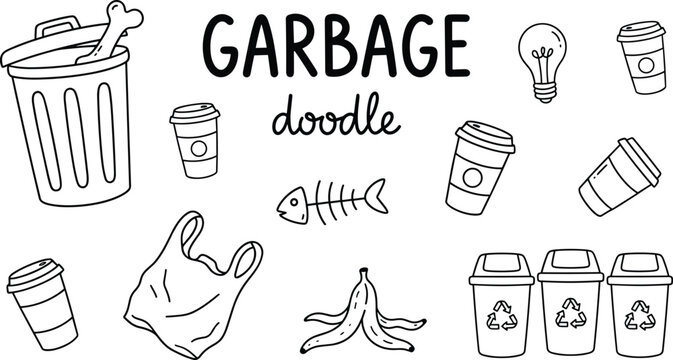 Garbage and recycling doodle collection with trash bin plastic bag banana peel coffee cups and sorting waste baskets