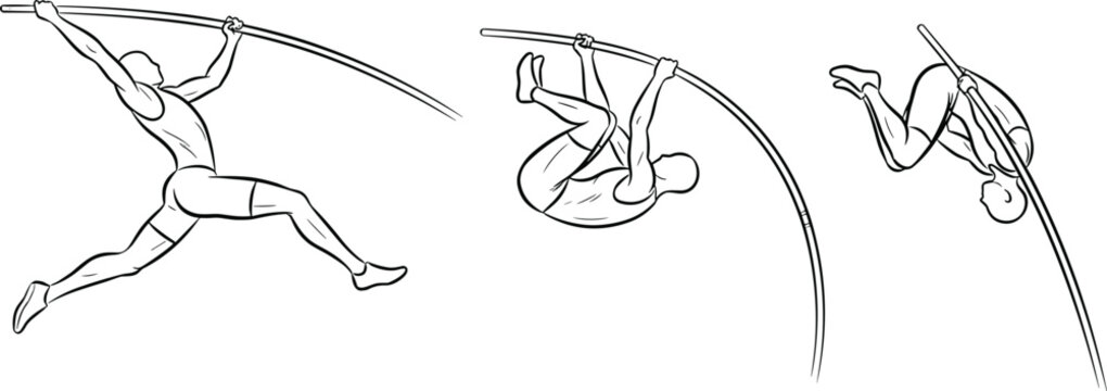 Pole vault athletics athletes in action jump sequence line drawing tracking steps of high jump sport vector