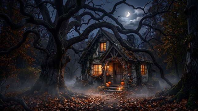 Abandoned cottage with glowing windows in a dark spooky forest at night under moonlight