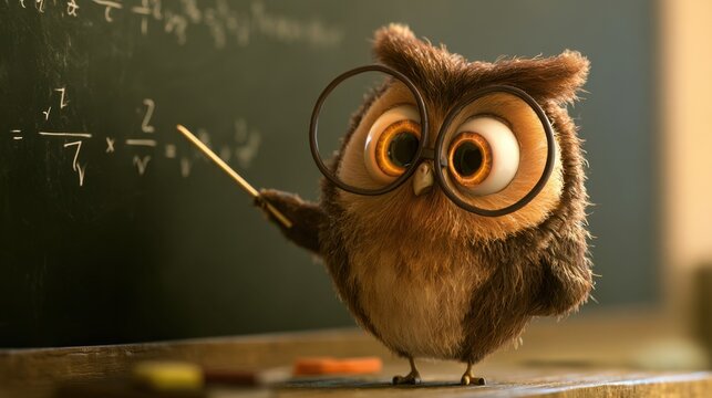 Cute fluffy brown owl with large round glasses standing on desk pointing at blackboard with math equation using wooden pointer in classroom setting