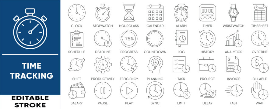 Time tracking and productivity line icon set. Editable stroke vector icons for clock, timer, deadline, schedule, and project. Clean modern design.