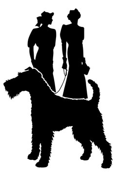 Black silhouette of a dog with textured outline, negative space revealing two figures in dresses and hats, bold vector design blending illusion, fashion, and creativity.