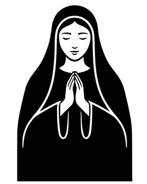 Black silhouette of a serene figure in robe and veil with hands clasped in prayer, bold vector design symbolizing devotion, peace, spirituality, and meditation.