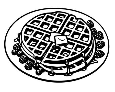 Black silhouette of stacked waffles with butter, syrup, and berries, bold vector design symbolizing breakfast, sweetness, and comfort in a modern graphic style.
