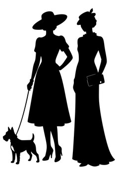 Black silhouettes of two elegant women in vintage dresses, one holding a purse and the other walking a small dog, bold vector design symbolizing fashion, style, and classic culture.