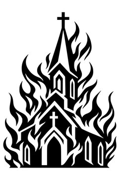 Black silhouette of a church with tall steeple and cross engulfed in flames, bold vector design symbolizing destruction, drama, and intense visual contrast.