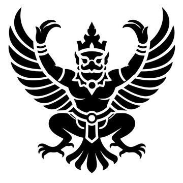 Black silhouette of Garuda with crown, wings spread, and dynamic pose, bold vector design symbolizing divinity, authority, and national identity in Thai culture.