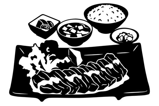 Black silhouette of a Japanese set meal with rice, miso soup, pickles, and sliced meat or fish, bold vector design symbolizing cuisine, tradition, and dining culture.