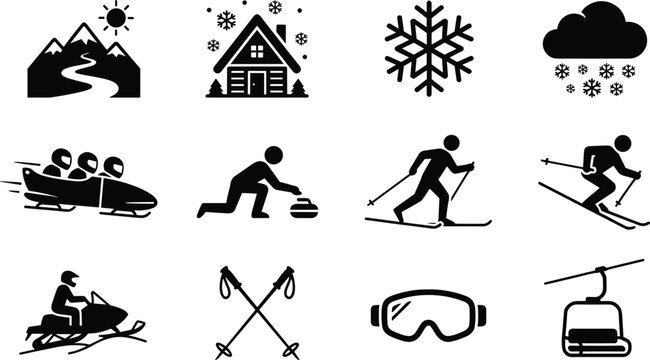 Winter sports and mountain resort icon set featuring skiing snowboarding snowmobile bobsleigh curling cabin goggles chairlift symbols