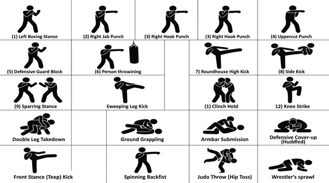 Mixed martial arts fighting techniques stick figure pictogram collection showing punches kicks grappling submissions throws and defensive combat moves