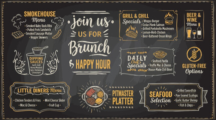 Naklejka premium Vector chalkboard restaurant menu design with food and drink icons for brunch happy hour and dinner service