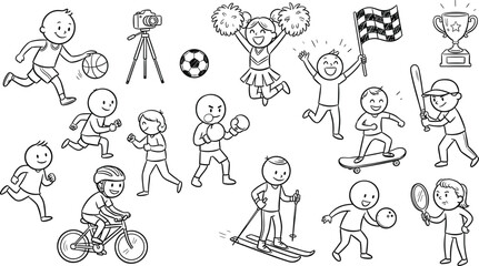 Fototapeta premium Kids outdoor sports activity and athletic physical exercise black line icon collection vector doodle collection