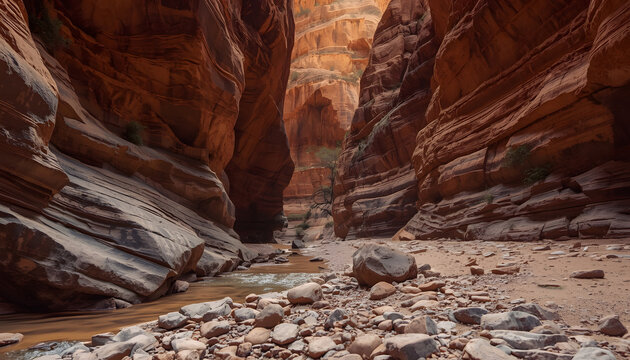 Narrow canyon corridor with towering stratified sandstone rock walls