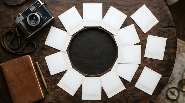 Empty vintage photo frames arranged in a circle on an old wooden table